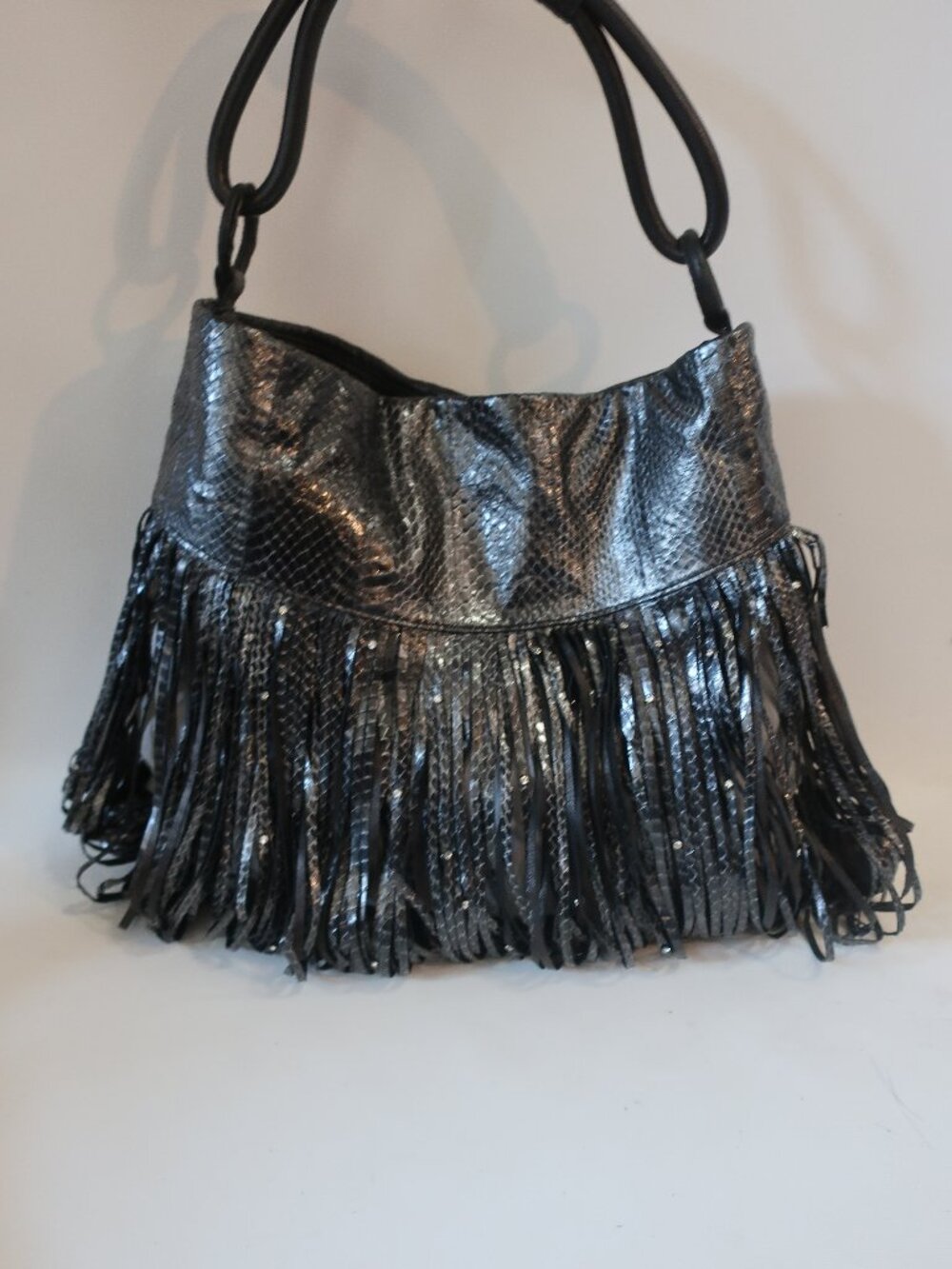 Womens Katherine Kwei Black Leather Snakeskin Texture Fringe Rhinestone Hobo Bag